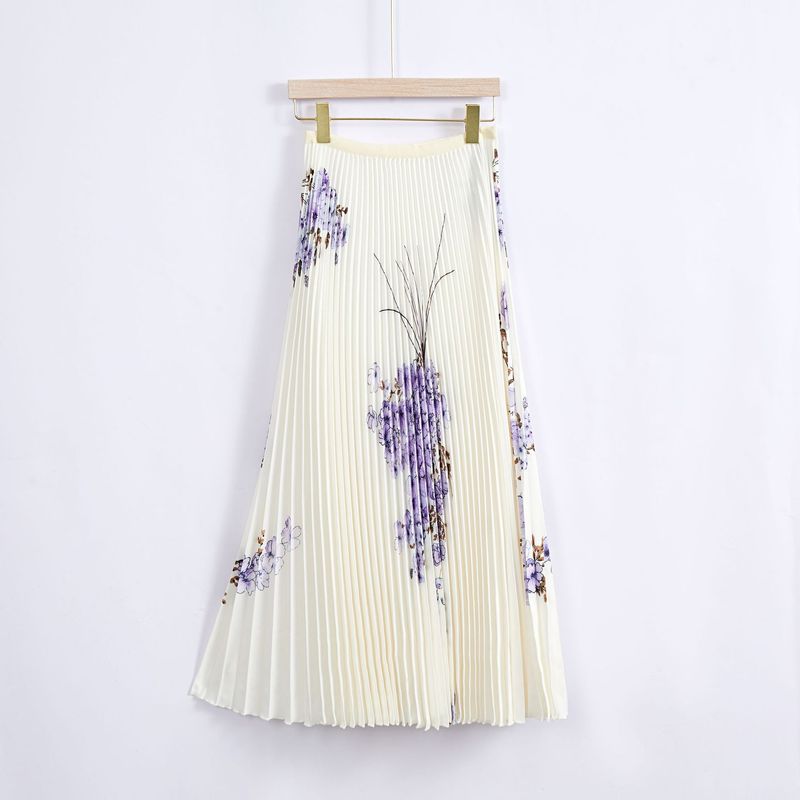 Vêtements pour femmes Printemps 2023 Style floral Petit col haut frais Haut à manches longues Taille élastique Jupe plissée Ensemble deux pièces plissé doux_voghion.com