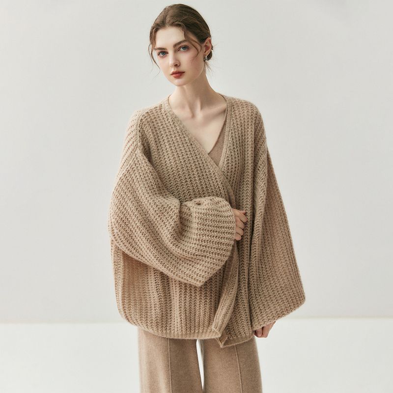 75% Cashmere 25% Mulberry Silk Knitted Cardigan For Women, Soft And Skin-Friendly, Loose Fit, Slimming, Plus Size, Lazy_voghion.com
