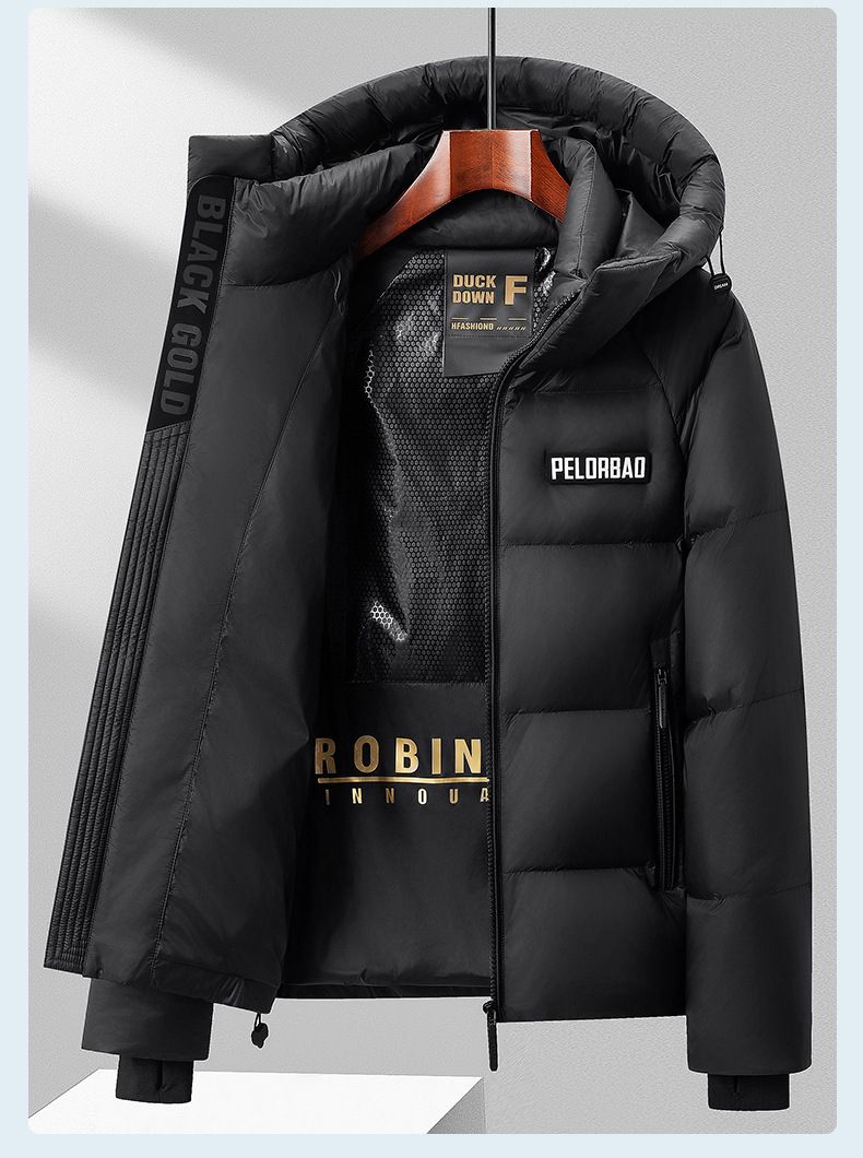 Piumino leggero di lusso, imbottito, con cappuccio staccabile, in piuma d'oca bianca con potere riempitivo 700, di alta qualità, nero e oro._voghion.com