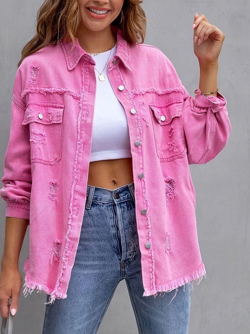 Damen Distressed Jeansjacke Übergroßer Langarm-Freizeithemdmantel in Unifarben_voghion.com