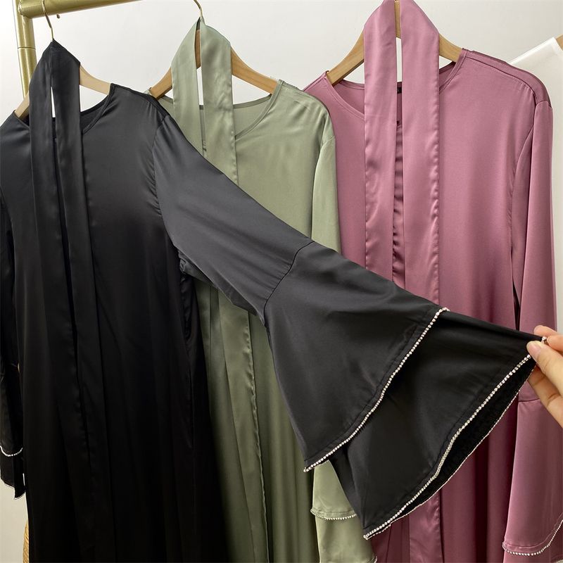 Yeni Saten Müslüman Kadın Elbisesi Çift Çan Kollu Abaya Lüks Dubai Elmas Uzun Elbise Etek Ucu Eklemeli Kaftan Faslı Kadın Zarif_voghion.com