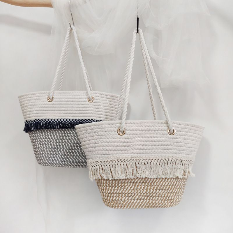 Borsa da donna in corda di cotone intrecciata, grande capacità, con tracolla singola, in stile bohémien, con nappa color-block, nuova, borsa da viaggio fotografica_voghion.com