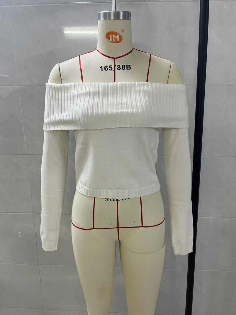 2025 Frühjahr Neues Strickoberteil Damen Einfarbiger Off-Shoulder Langarm Pullover_voghion.com