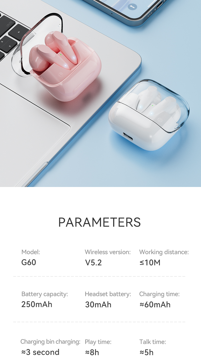 G60 TWS Touch Fone Bluetooth 5.2 Earphones 9D Stereo Wireless Dual Ear Noise Reduction Headphone Gaming Headset for Mini Airpods_voghion.com