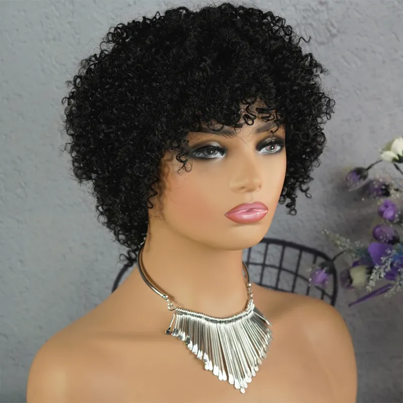 Peluca de cabello humano rizado afro corto para mujer, densidad del 180 %, peluca Pixie Curl sin pegamento_voghion.com