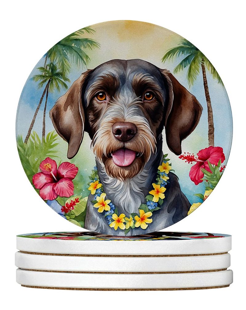 German Wirehaired Pointer Luau Large Sandstone Coasters Pack Of 4 Absorbent Round Coasters Decor Gifts For Men Or Women, 4 In, Multicolor_voghion.com