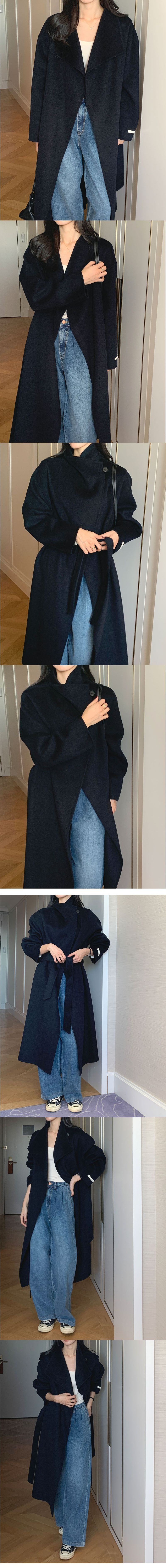 Chic Retro Oversized Lapel Belted Long Wool Coat In Oatmeal & Navy Blue - One Size Fits All_voghion.com