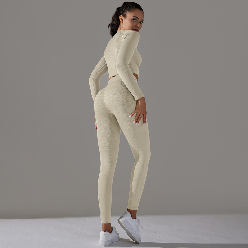 Women's Jacquard Yoga Dress Long Sleeve Suit High Waist Hip Tights Fitness Sportswear_voghion.com
