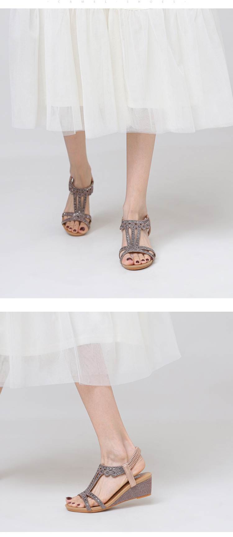 wedge heel rhinestone sandals for women fashion comfortable elastic band temperament Roman shoes_voghion.com