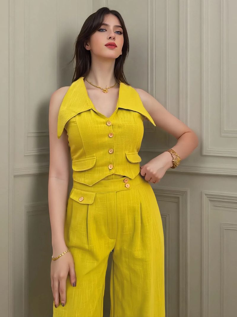 2025 Summer New Women's Solid Color Sleeveless Top Waist-Cinching Two-Piece Casual Long Pants Set_voghion.com