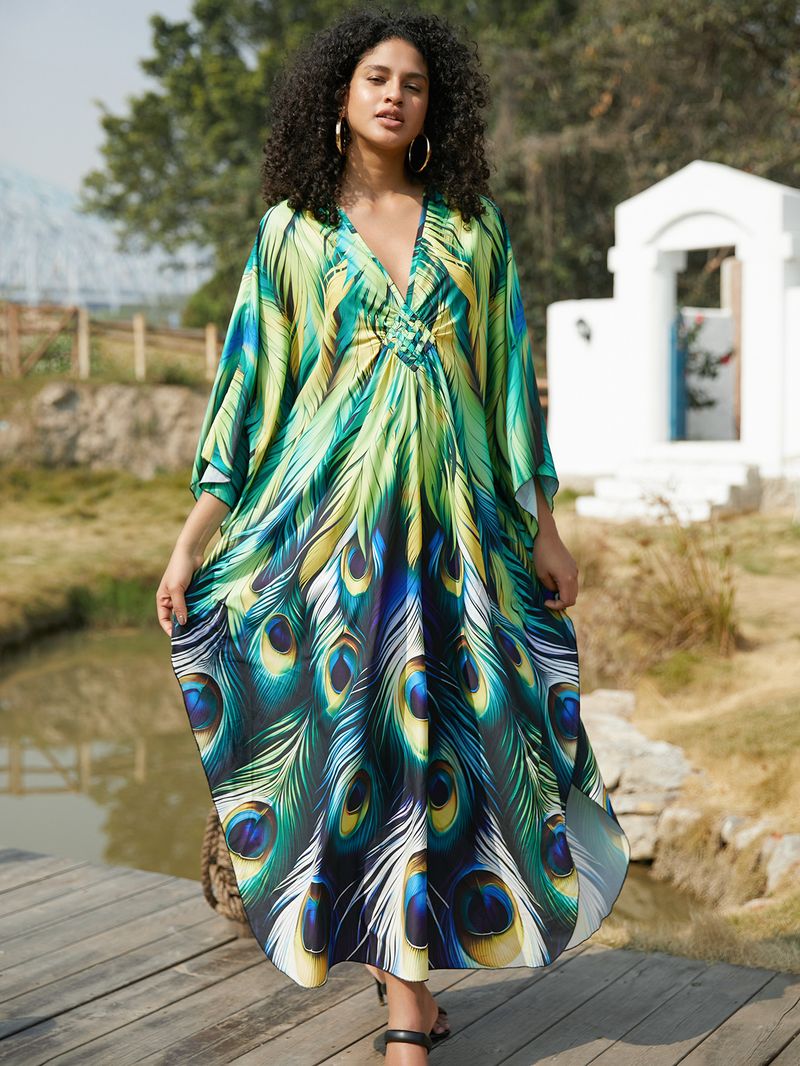 Beach Cover-Up Dress – Flowy Long Bikini Robe With Exotic Prints (Peacock/Abstract/Feather, One Size)_voghion.com