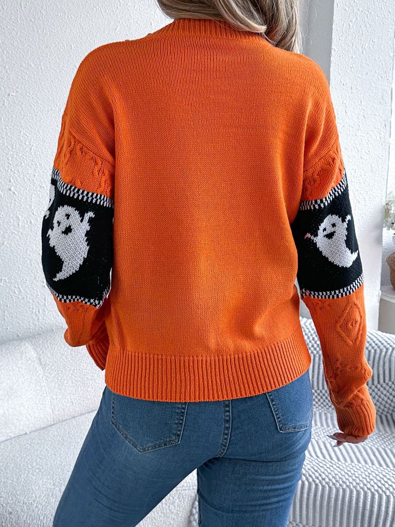 Herfst- en winter Halloween-thema Spook Contrasterende kleur Lange mouw Trui Dameskleding_voghion.com