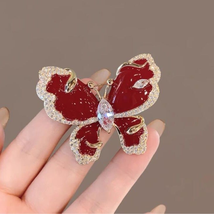 Literary Temperament Flash Diamond Red Butterfly Brooch High-end Women's Clothes Accessories Pin Brooch 2025 New_voghion.com