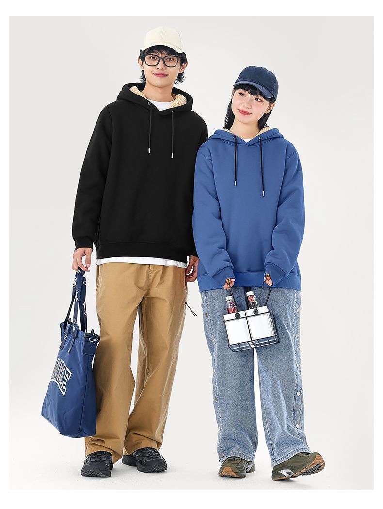 Felpa invernale casual versatile in lana d'agnello, da coppia, con cappuccio, versione spessa_voghion.com