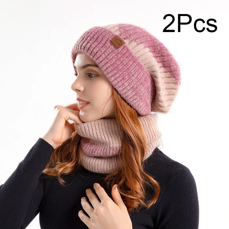 Ensemble de deux pièces pour femmes, bonnet tricoté, cache-cou, tête de mort, doublure en fourrure épaisse, chapeau d'hiver pour filles, masque, écharpe_voghion.com