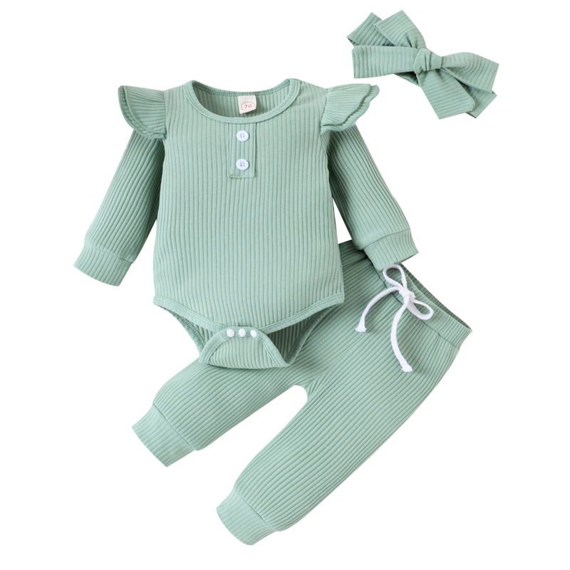 Babykleidung, einfarbig, lässig, Pit-Strip, Langarm, kleine fliegende Ärmel, einteilige Harshirt-Hose, dreiteilige Schleife, Kopftuch_voghion.com