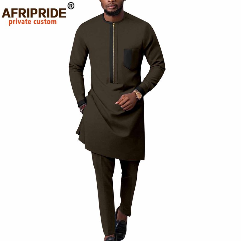 Vêtements pour hommes, veste + pantalon décontracté en coton, couleur unie, ethnique africaine_voghion.com