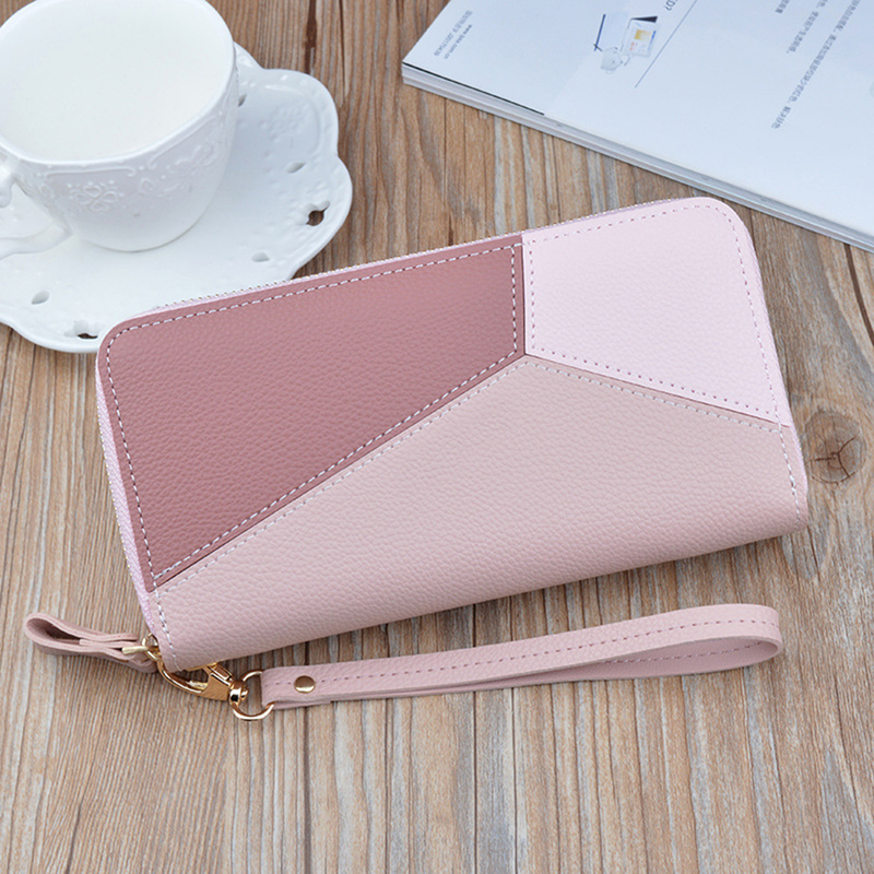 Lihanbao Bolsa de couro feminina com zíper duplo, carteira, porta-cartões e celular, pulseira preta_voghion.com