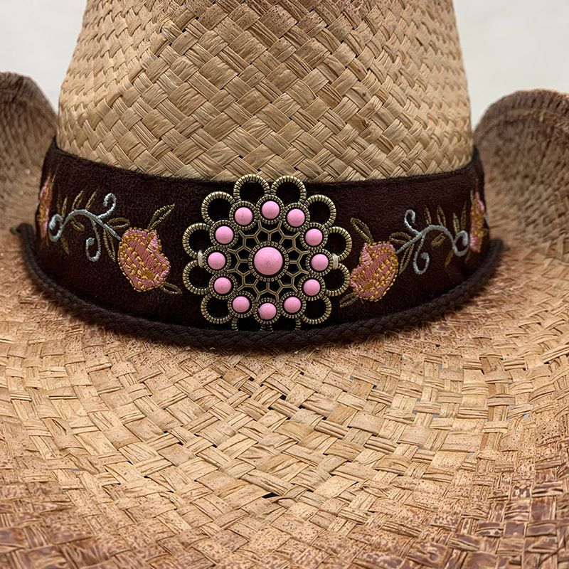 Handgewebter Cowboyhut aus Raffiagras mit Sonnenschutz und gerolltem Rand, bestickter Strohhut_voghion.com