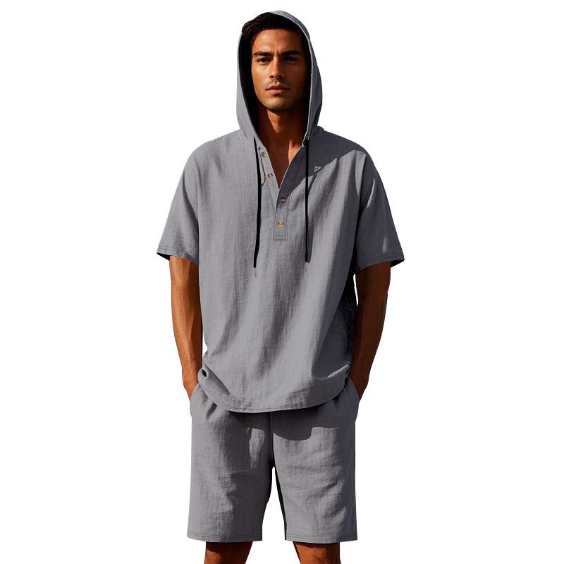 Completo da uomo in lino con camicia e pantaloncini - Completo casual estivo da spiaggia a maniche corte con vestibilità ampia_voghion.com