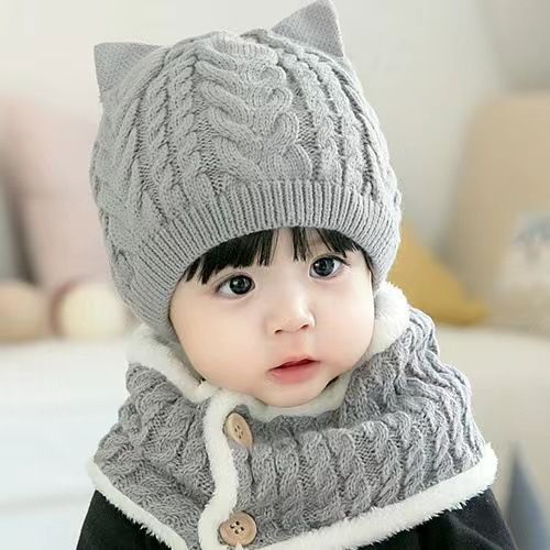 Höstvinter baby hörselskydd för barn, ylle för pojkar och flickor, integrerade halsbandsmössor, förtjockade varma mössor_voghion.com