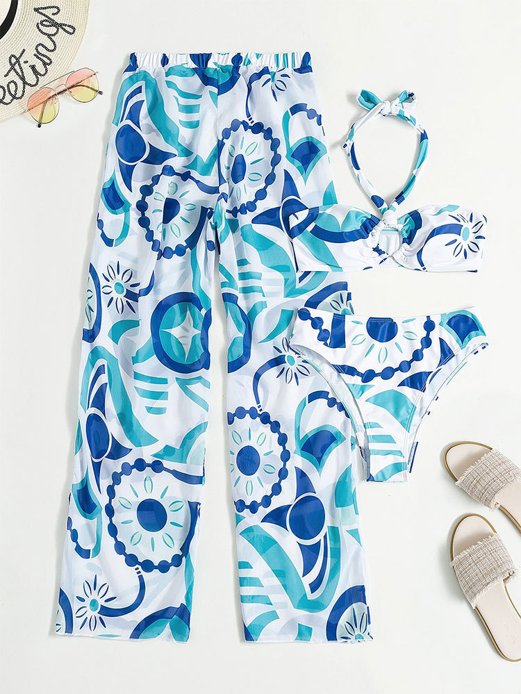beach sexy printed halter neck three-piece set fashionable trousers swimsuit for women_voghion.com
