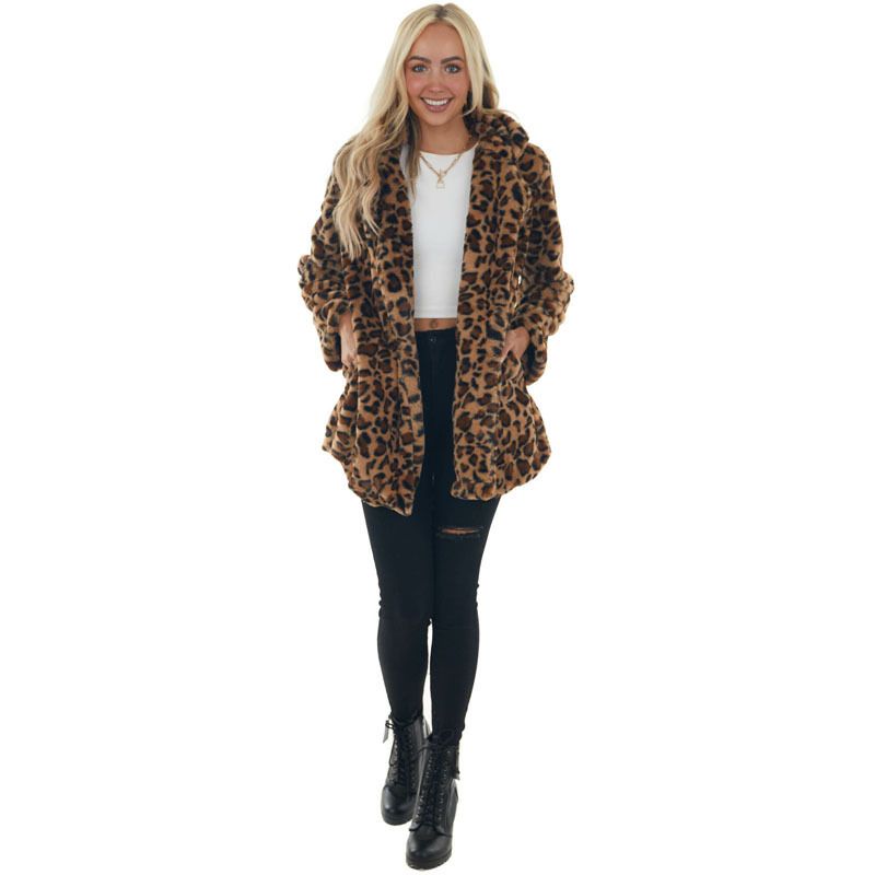 Women's Leopard Print Faux Rabbit Fur Coat Long Sleeve Mid-Length Outerwear With Pockets Loose Fit Winter Fashion_voghion.com