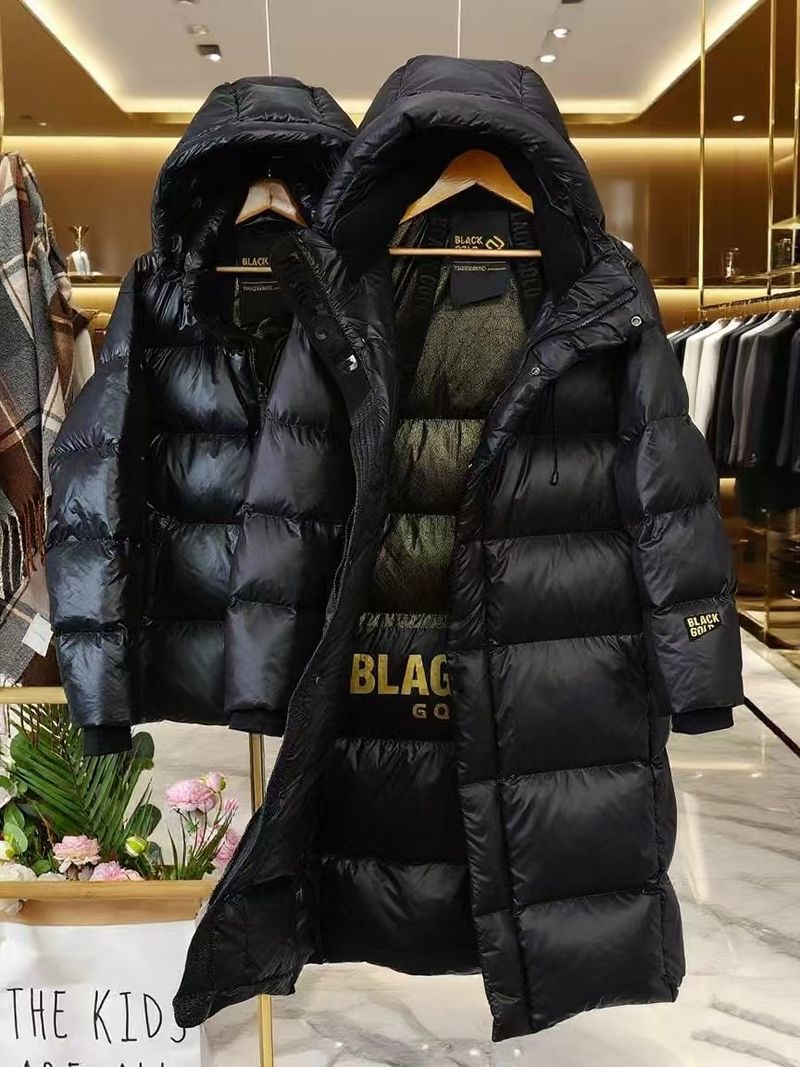 Damenbekleidung Neue High-End-Daunenjacke in Schwarz und Gold, lang, knielang, dicke Kapuzenjacke für Paare, außerhalb der Saison, weiße Gänsedaunen, Winterkleidung_voghion.com