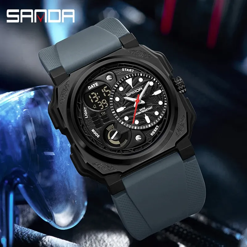 Nuovo orologio sportivo quadrato da uomo, orologio da esterno LED elettronico con cronometro, sveglia, doppio display, orologio al quarzo multifunzione da uomo_voghion.com