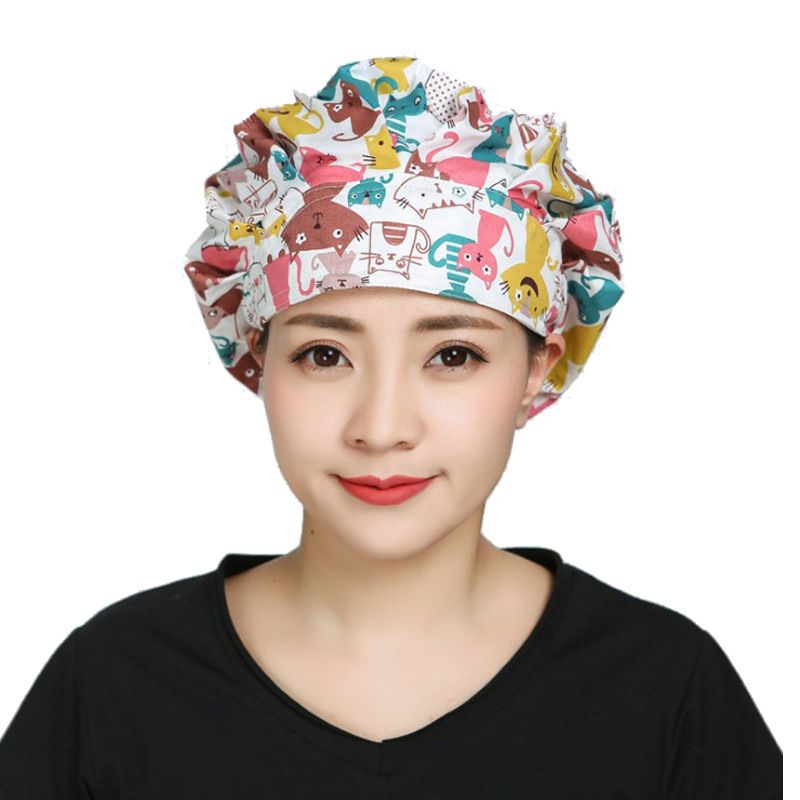 Pure Cotton Hat Female Doctor Dental Oral Nurse Hat Long Hair Wrapped Headscarf Printed Puff Hat Female Oil Fume Kitchen_voghion.com