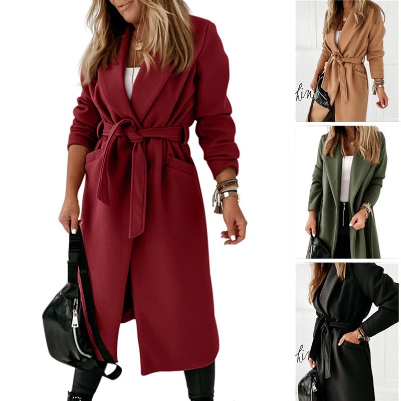 Eleganter langer Wollmantel für Damen – Trenchcoat in Übergröße mit Gürtel, Bürokleidung, Herbst-Winter-Mode_voghion.com