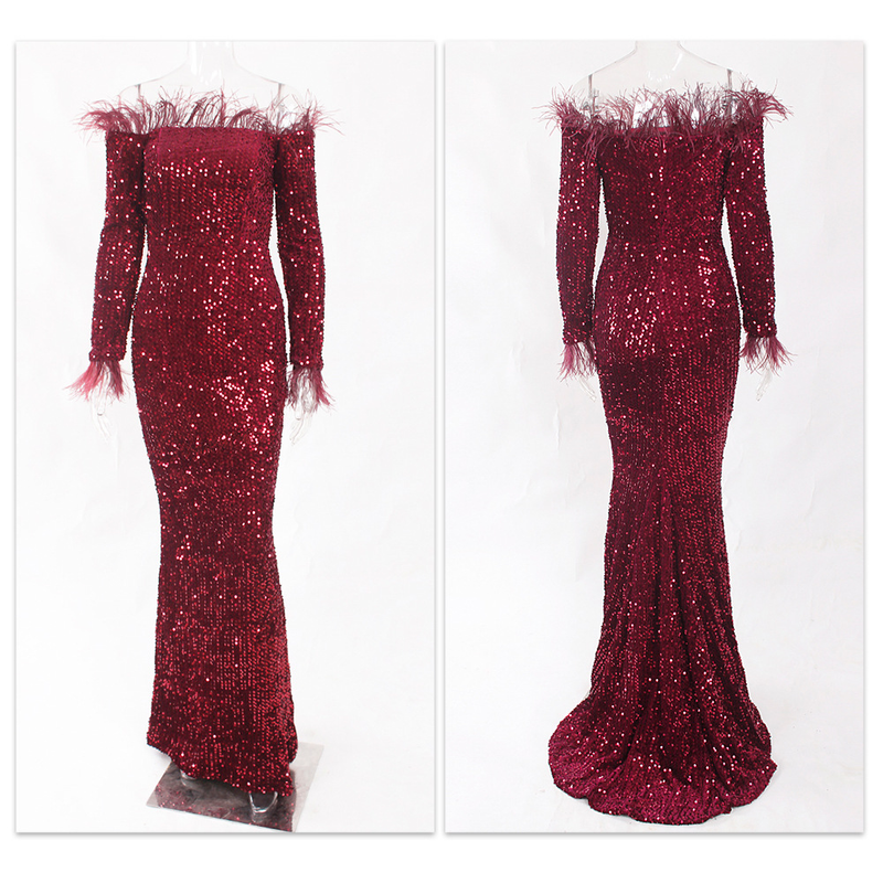 Abito da sera abito da sera a sirena con spalle scoperte sexy in velluto elasticizzato con paillettes a maniche lunghe_voghion.com