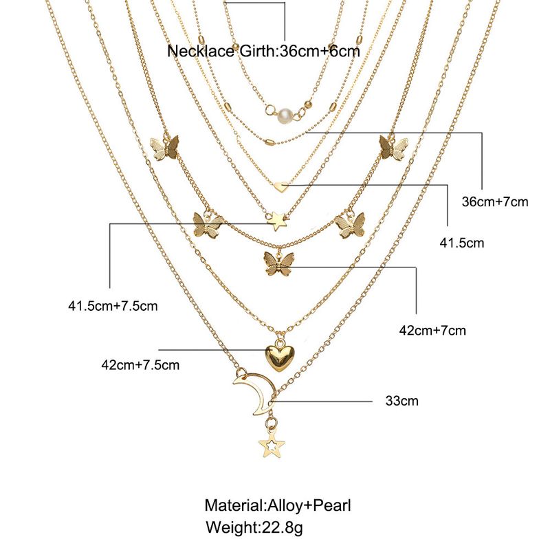 Hot selling alloy set, creative and personalized multi-layer butterfly pendant, 6 pieces of moon peach heart necklace_voghion.com