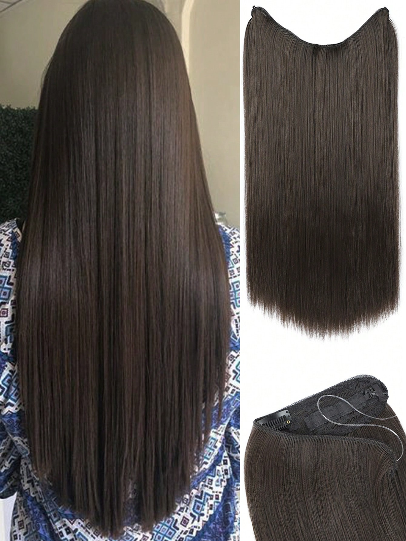 22 Zoll unsichtbare glatte Haarteile für den täglichen Gebrauch, synthetische Haarverlängerungen mit transparentem, verstellbarem Draht für Frauen (dunkel)._voghion.com