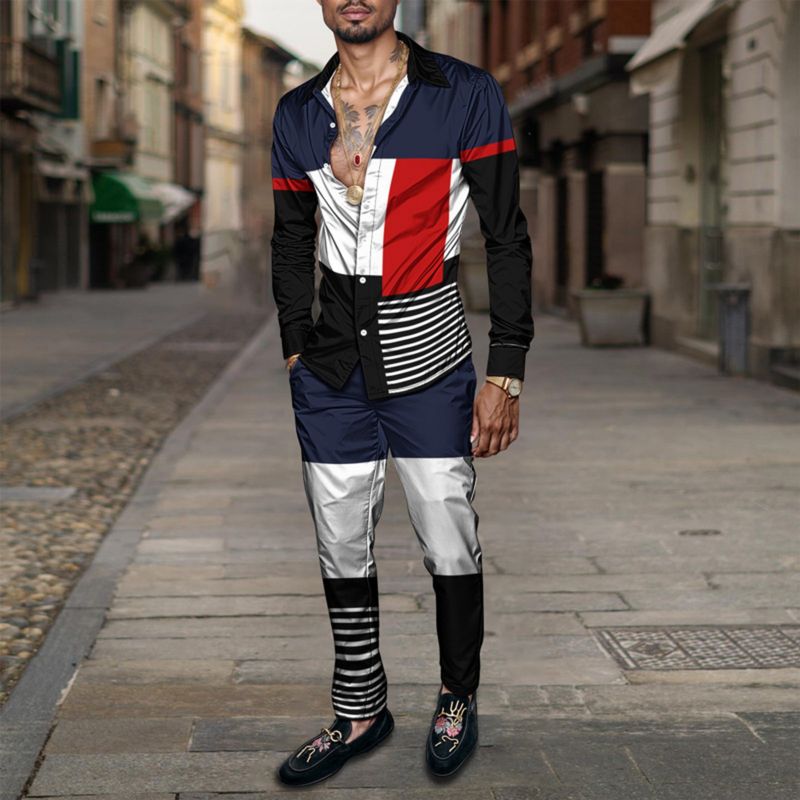 2025 Spring Summer Men Shirt Set Geometry Print Fashion Simple Two Piece Set Mens Gradient Lightweight Party Long Sleeves Suit_voghion.com