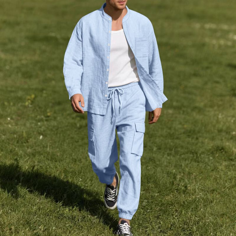 Camicia estiva in lino con bottoni, pantaloni a maniche lunghe, cardigan, abito casual e ampio da spiaggia per uomo_voghion.com