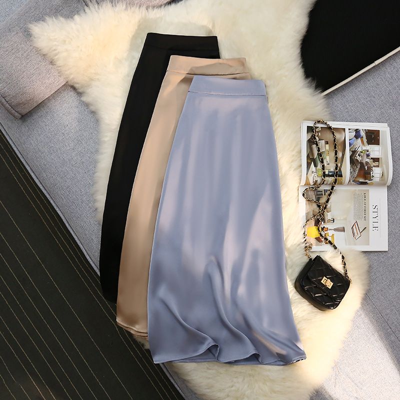 Gonna a vita alta larga a sbalzo di media lunghezza in raso elastico di alta qualità, di nuovo stile da donna in acetato_voghion.com