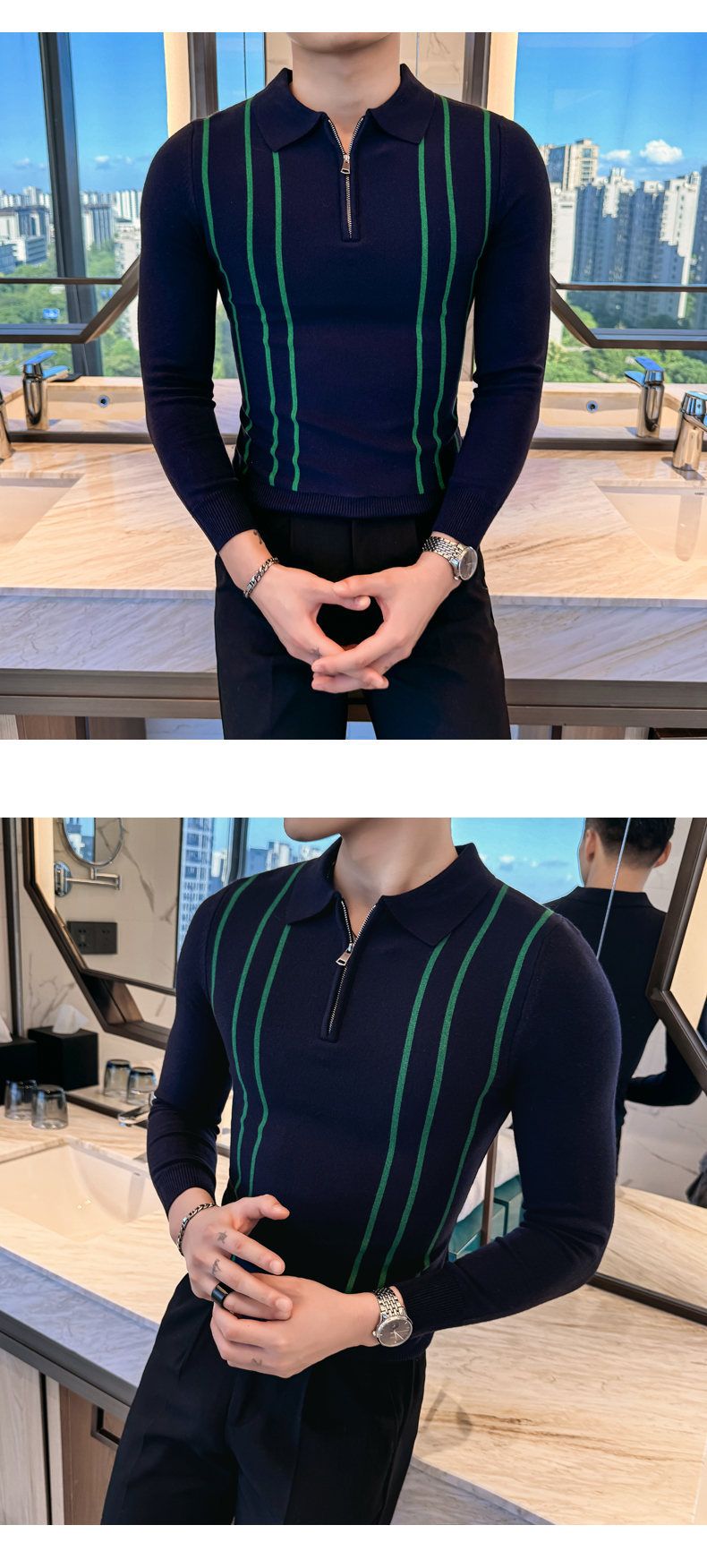 Herren-Poloshirt aus Strick, schmal geschnitten – Langarmshirt mit Retro-Streifen aus Baumwollmischung (M–3XL)_voghion.com