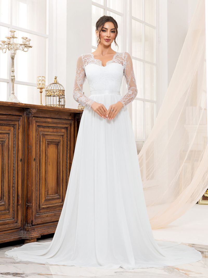 Elegantes Spitzen-Brautkleid, langes Abendkleid mit V-Ausschnitt für Bräute und formelle Anlässe_voghion.com