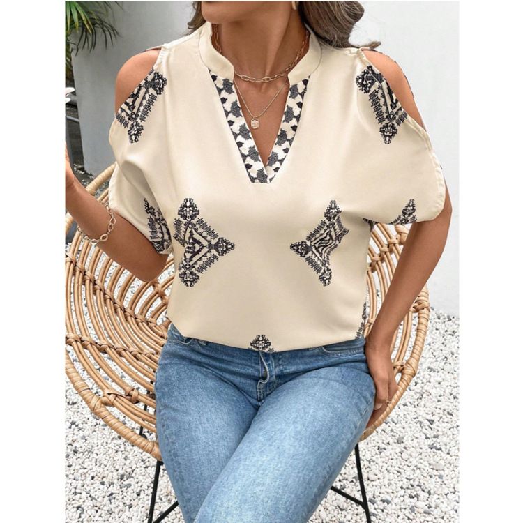 Abbigliamento da donna transfrontaliero SheInTemu Camicia a maniche corte casual e comoda popolare Casual Versatile Moda Casual Scollo a V Stampa_voghion.com