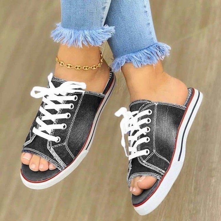 sandali da donna scarpe da donna a tacco basso con una linea e pantofole in denim lavato per abbigliamento outdoor fondo piatto_voghion.com