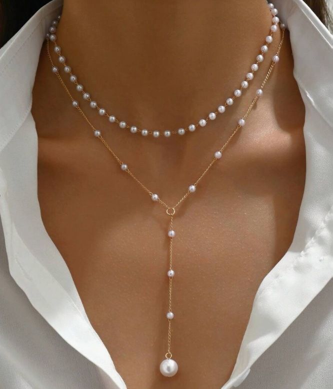Jóias Moda novo colar de pérolas personalidade feminina Y em forma de pérola borla empilhamento clavícula corrente colar_voghion.com