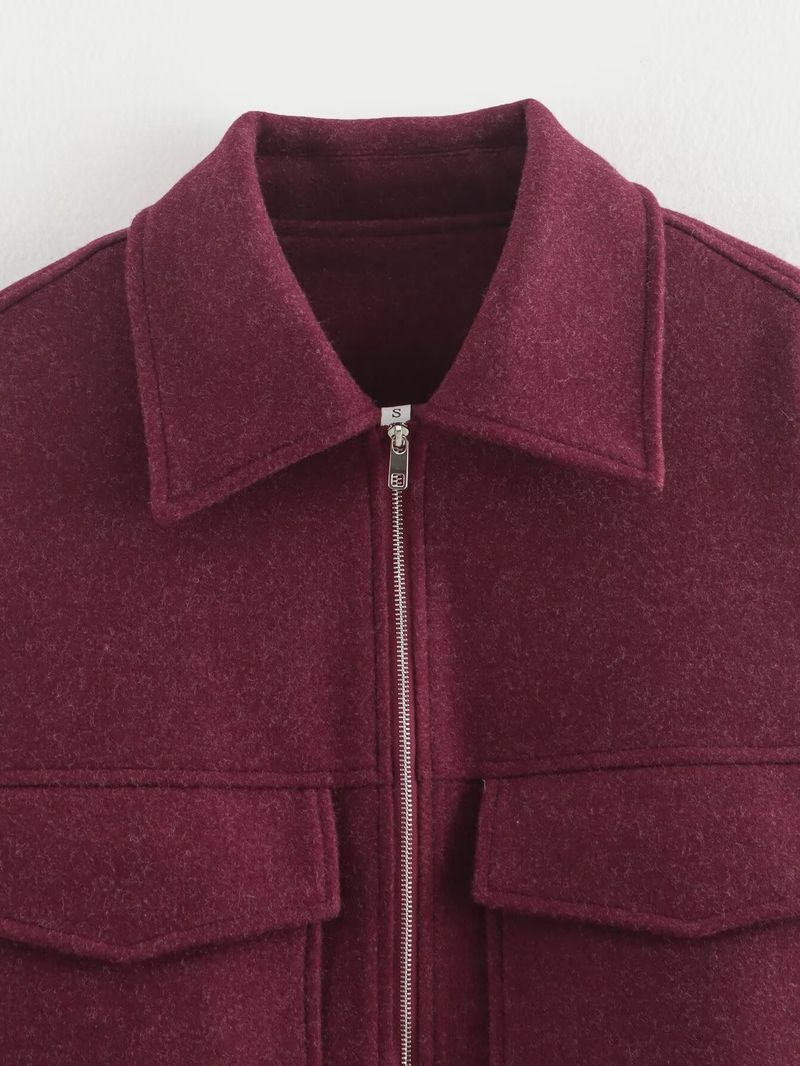 Trendige Jacke aus Wollmischung mit Reißverschluss – Stylischer Tweedmantel für Damen mit Taschen, Streetwear-Chic (Weinrot, Grau, Kaffeebraun, S-L)_voghion.com