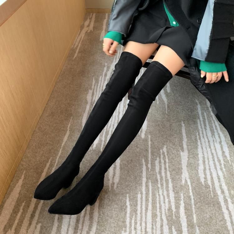 Overknee-Stiefel mit großem Bein, langem Blockabsatz, spitzem Bein und Wickeldesign sowie elastischen Stiefeln mit mittelhohem Absatz für Damen_voghion.com