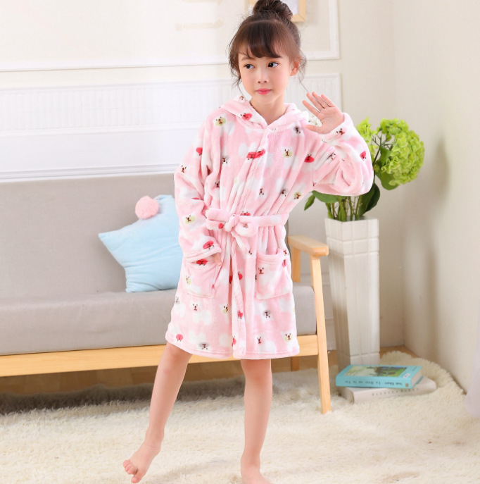 Spring Homewear Boys And Girls Baby Bathrobes Cartoon Flannel Hooded Children's Nightgown_voghion.com