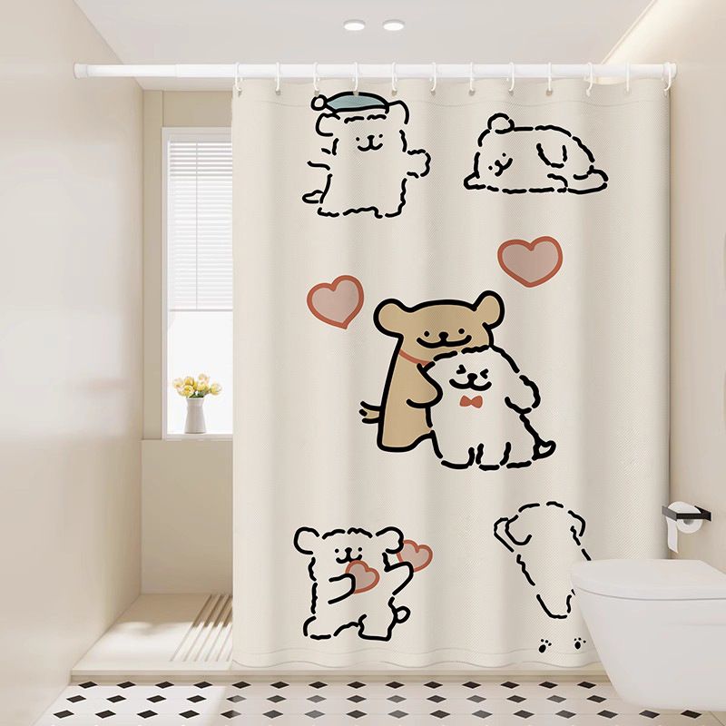 Tenda da doccia con porta divisoria senza fori, in tessuto impermeabile, con motivo a cucciolo, stile cartone animato_voghion.com