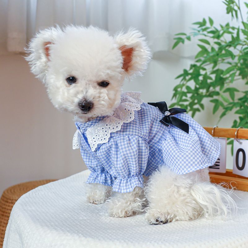 Pet Circle Dog Clothing Cat Clothes Bowknot Lace Collar Edge Black And White Plaid Princess Heart Pearl Dress_voghion.com
