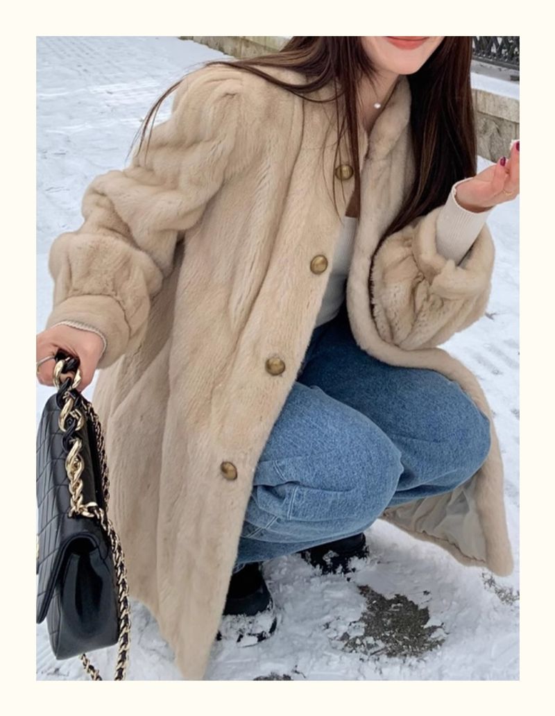 Cappotto in pelliccia sintetica di visone ecologica da donna - Giacca in peluche di media lunghezza in caffè e panna (S-L) | Ispirata al vintage e adatta all'inverno_voghion.com
