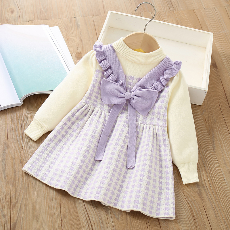 Mädchenkleid, ausgefallenes kleines Mädchen, süßer Strickpullover mit Schleife, Kinderkleid_voghion.com