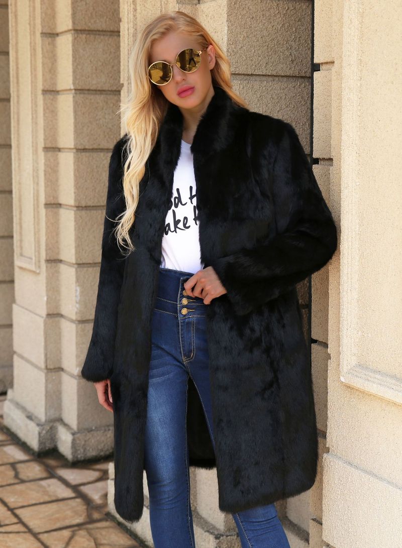 Abrigo largo de lujo de piel sintética de conejo para mujer, con cinturón ajustable, abrigo de invierno negro._voghion.com